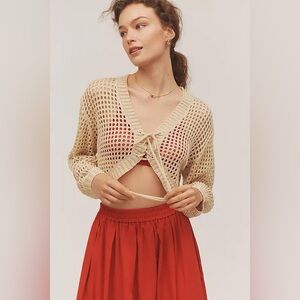 Maeve Anthropologie Crochet Lace-Up Cardigan Sweater OS